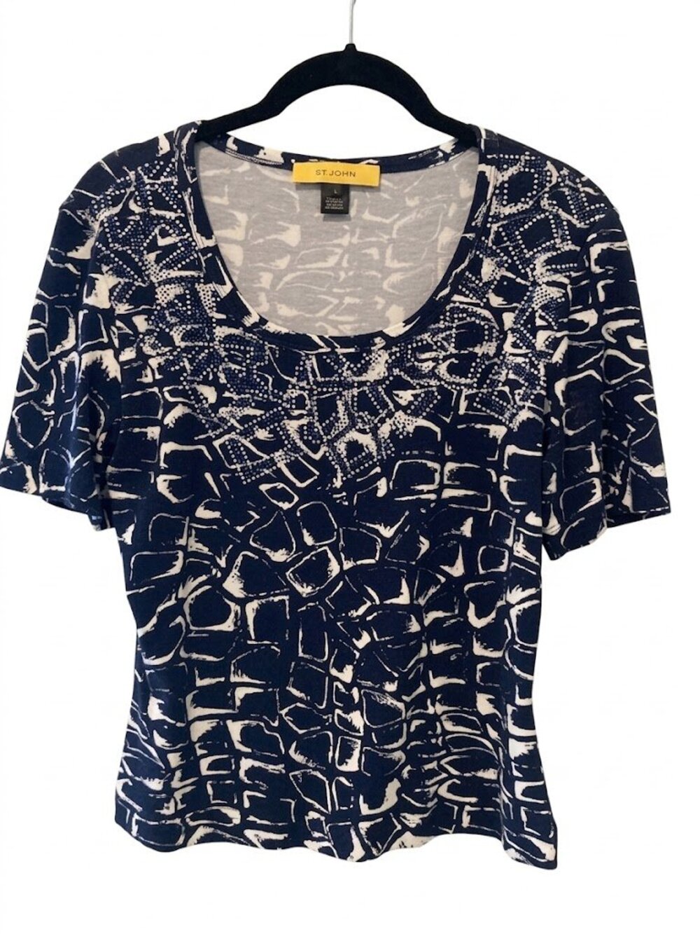 St. John Navy & White Printed Scoop Neck Top